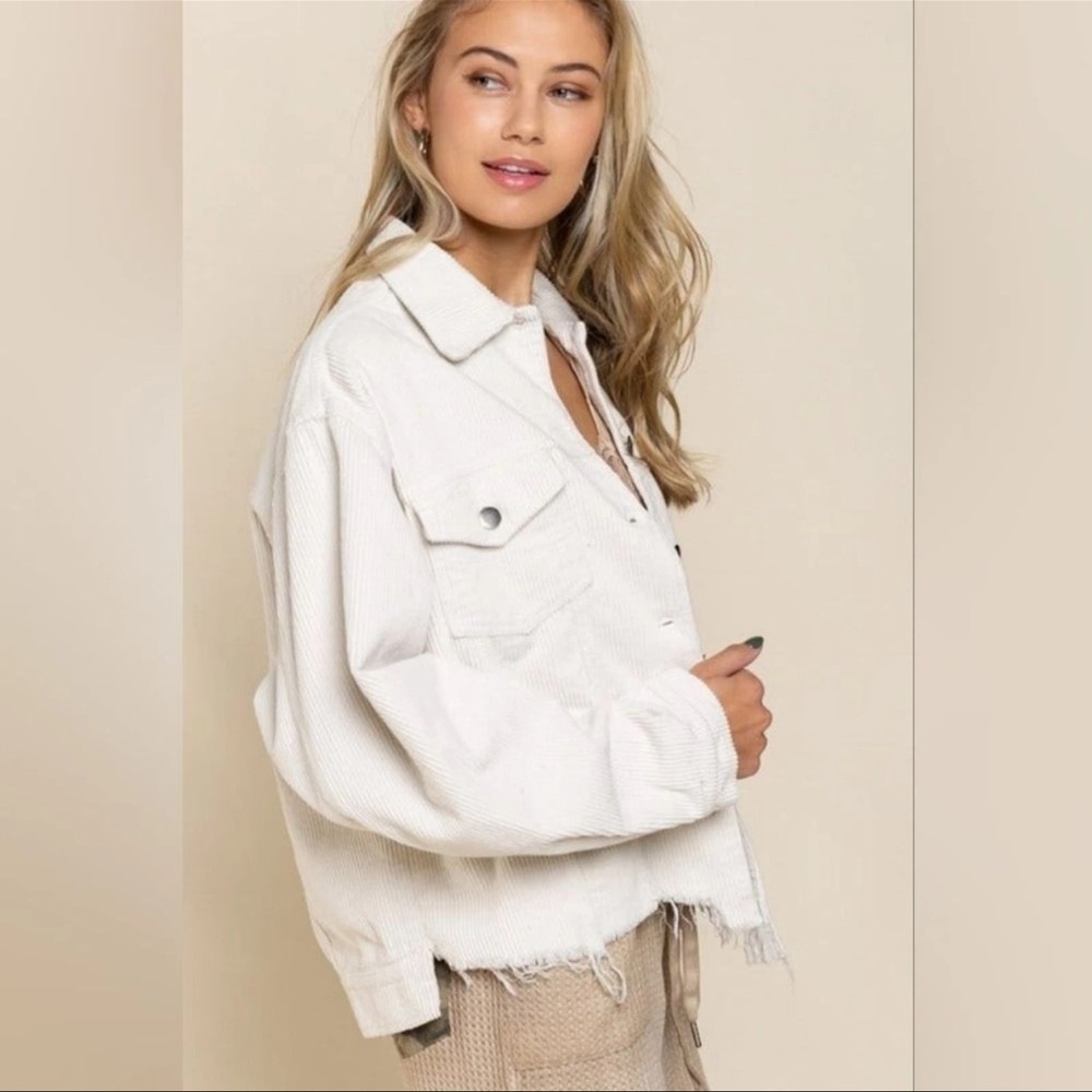 POL Women's Beige Corduroy Utility Jacket Oversized Raw Frayed Hem Jacket Size L - Picture 2 of 13
